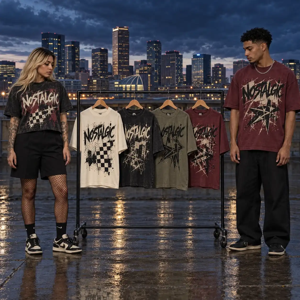 Two realistic streetwear models and Nostalgic skate apparel against an anime Denver skyline